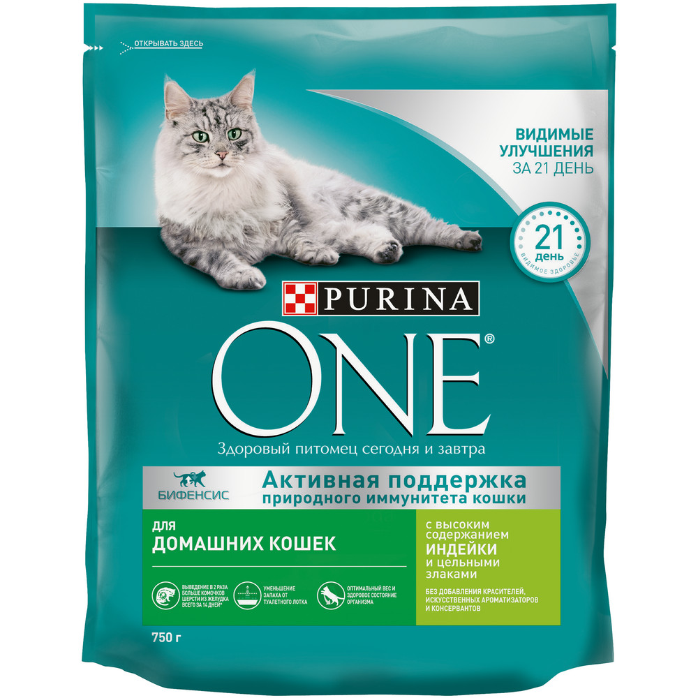 Сухой корм для домашних кошек Purina One с индейкой и цельными злаками 750г Сухой корм для домашних кошек Purina One с индейкой и цельными злаками 750г