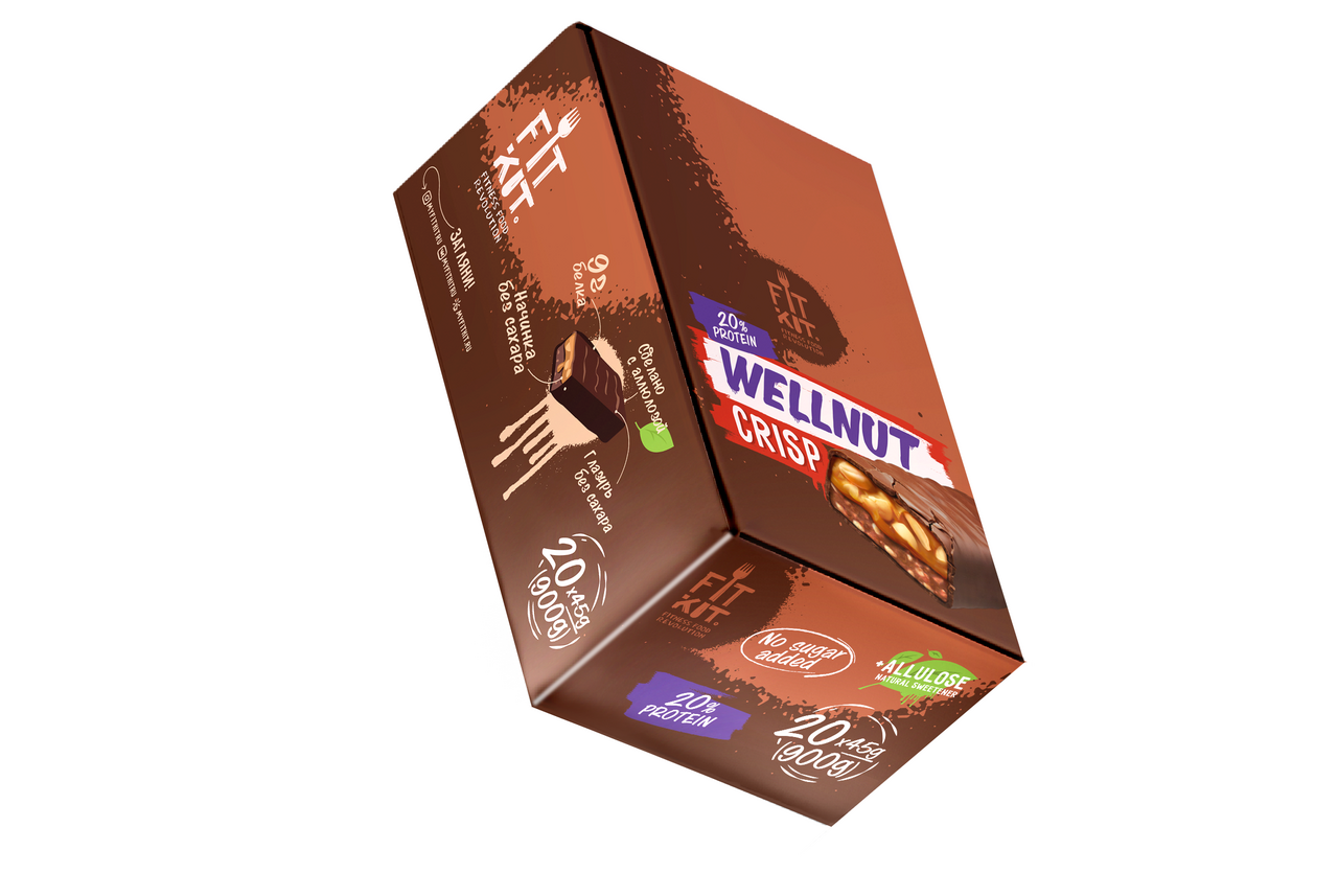 Батончик протеиновый Fit Kit Wellnut арахис-карамель в глазури без сахара, 45г