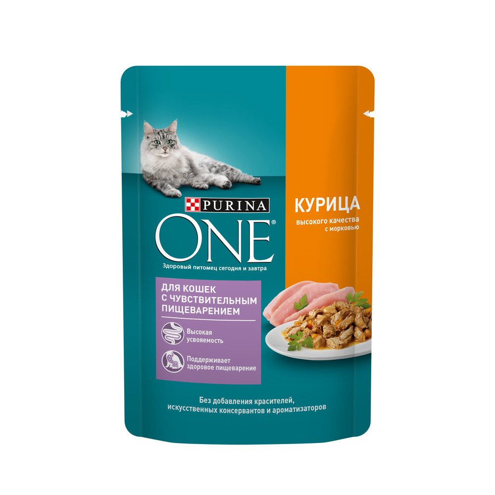 Корм Purina One для кошек с чувствительным пищеварением курица-морковь 75 г