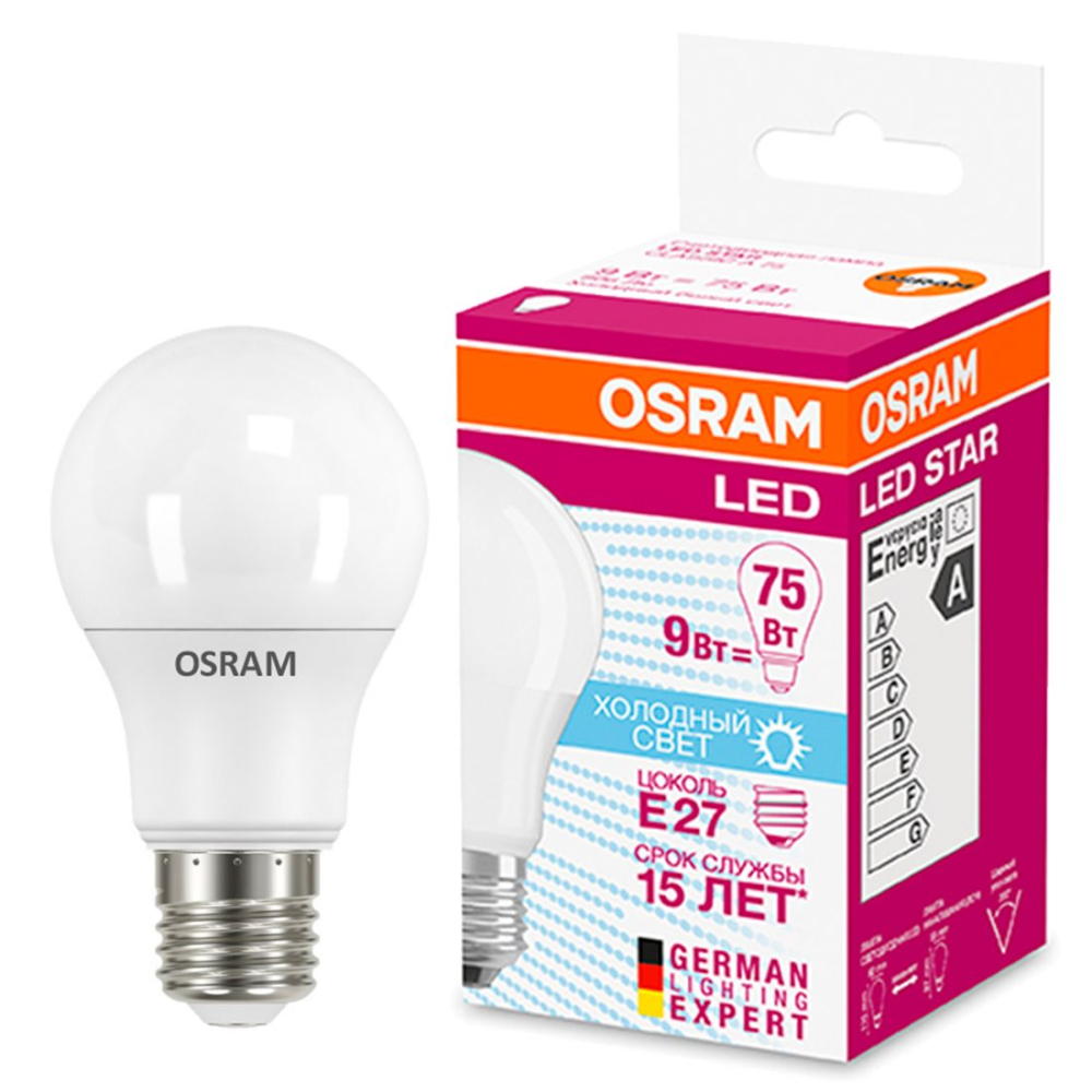 Лампа светодиодная Osram LED A75 E27 9W груша нейтральный свет