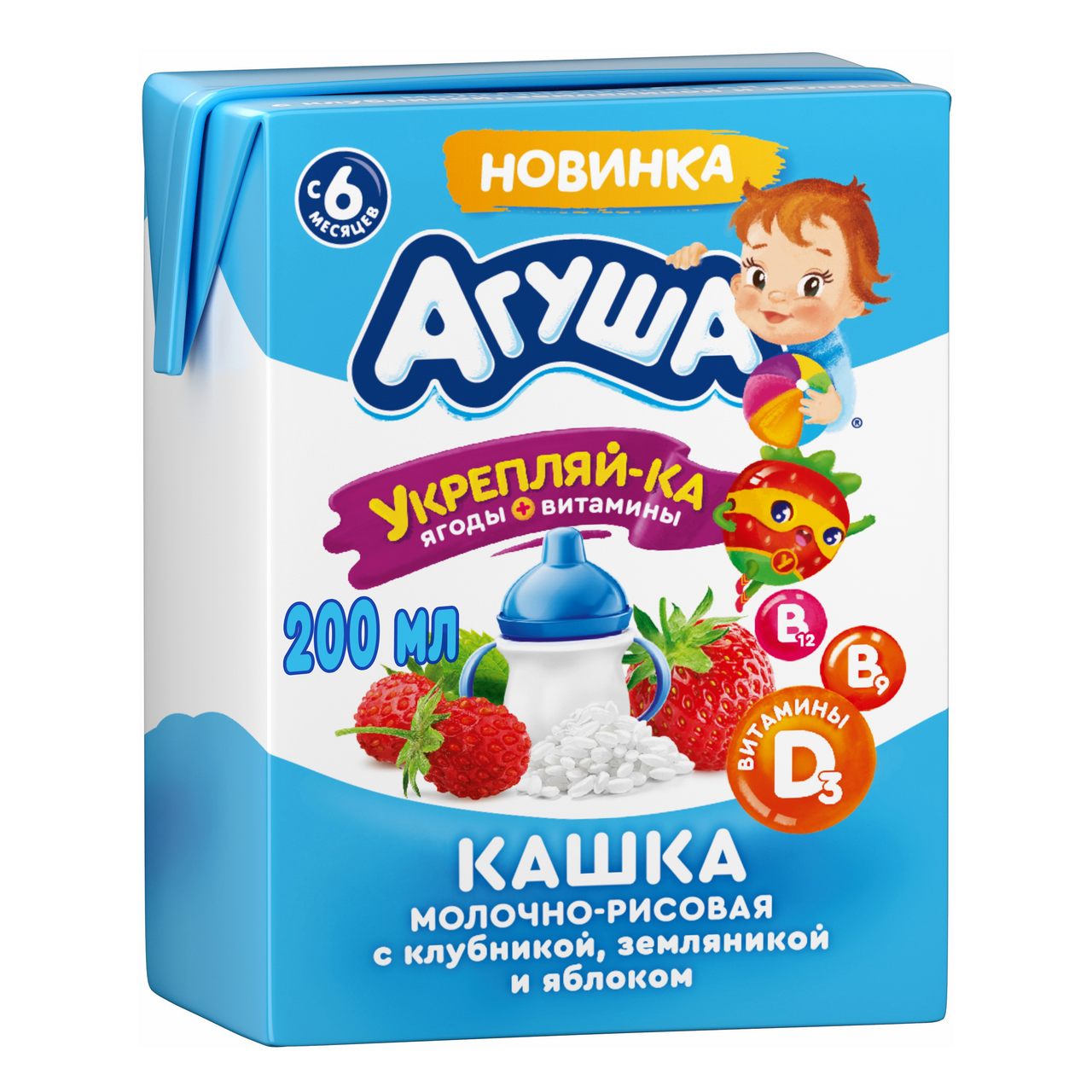 Кашка Агуша молочно-рисовая клубника-земляника-яблоко 2.7%, 200мл
