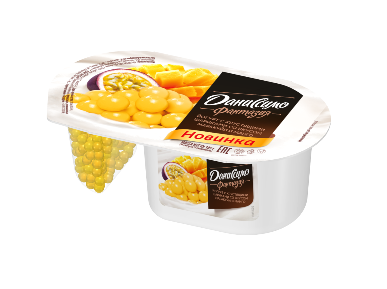Йогурт Даниссимо Фантазия с хрустящими шариками со вкусом маракуйи и манго 6.9% 105 г