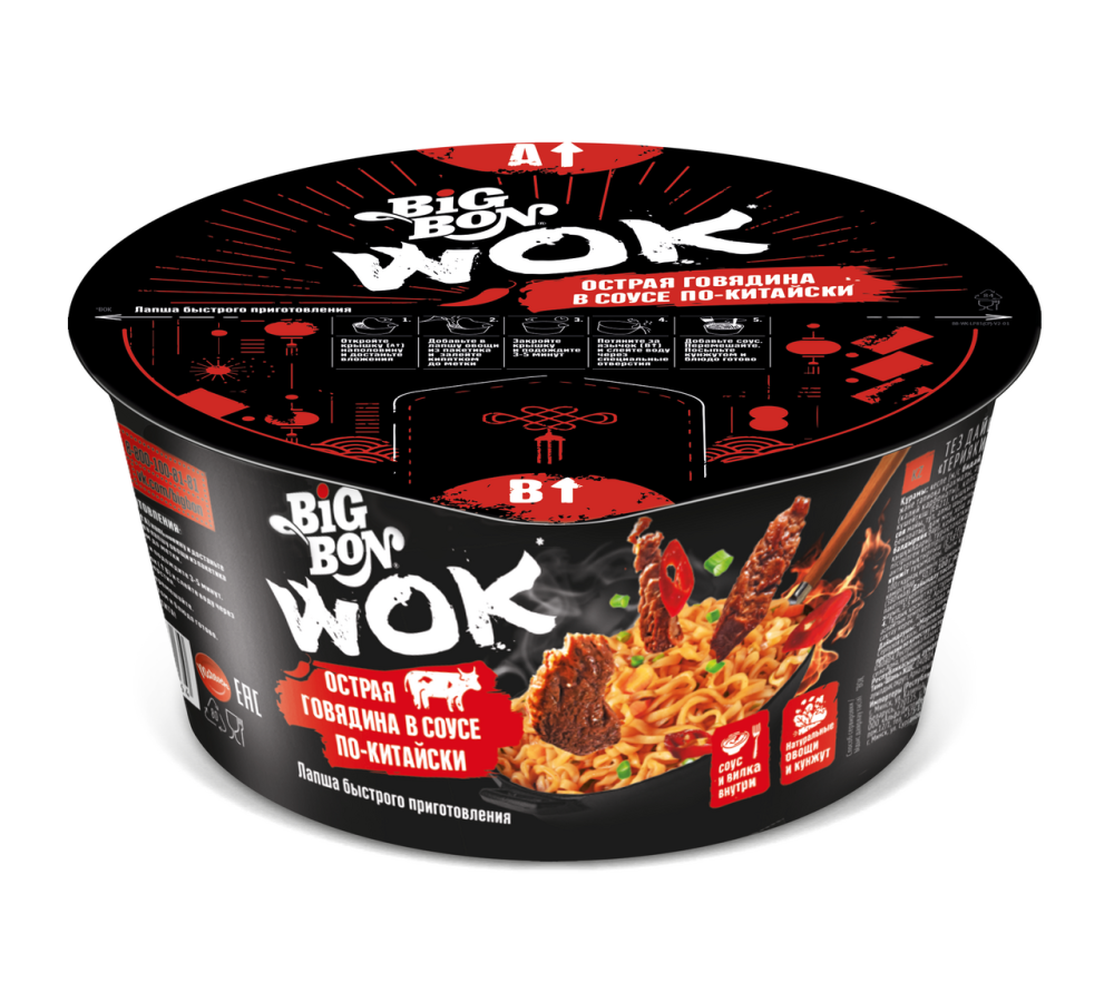 Лапша быстрого приготовления Big Bon говядина-китайский соус Wok, 85г