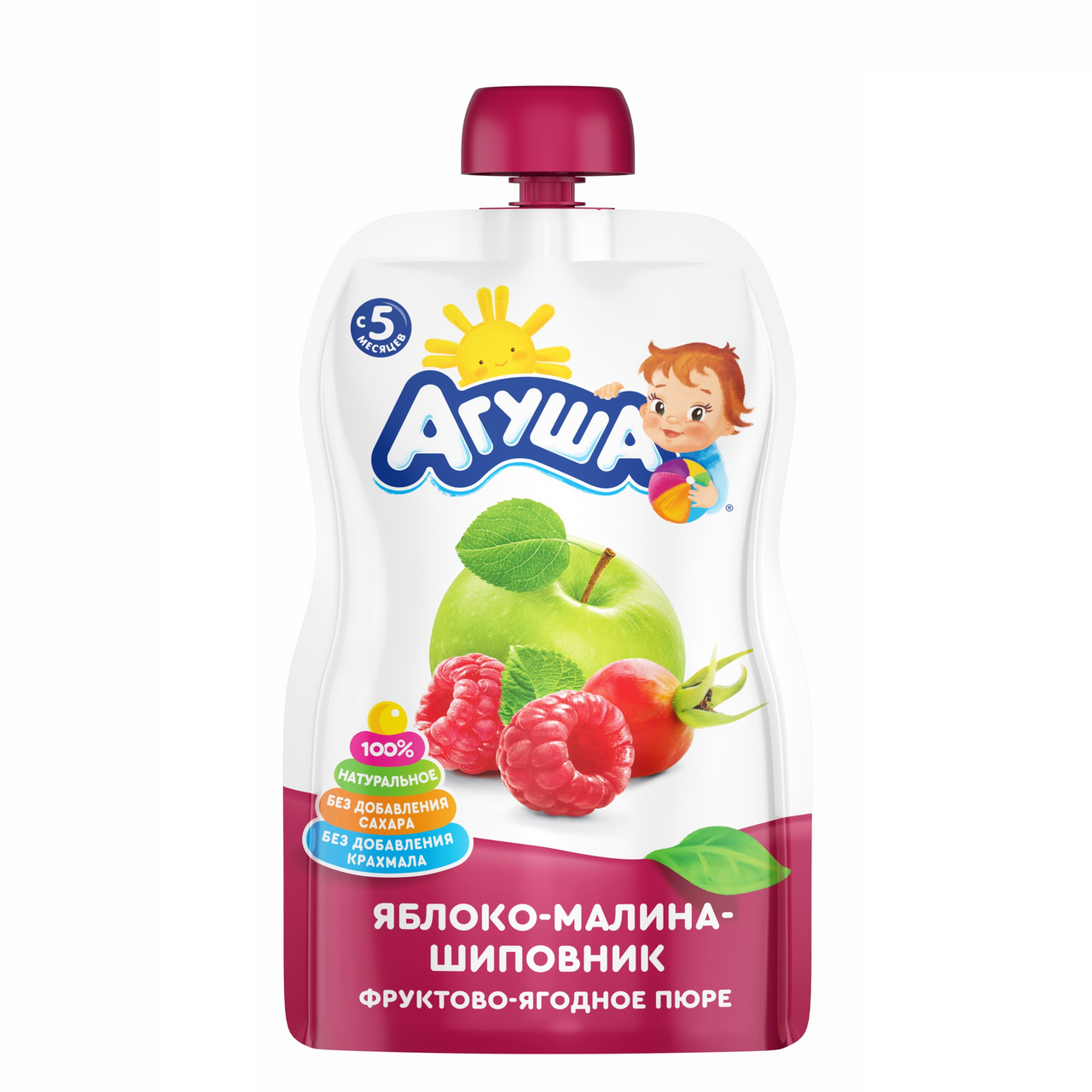 Пюре Агуша фруктово-ягодное Яблоко-Малина-Шиповник с 6 месяцев, 90г