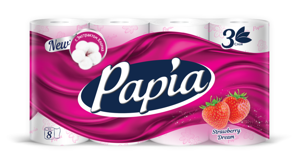 Туалетная бумага Papia Клубничная мечта 3-слойная 8 рулонов