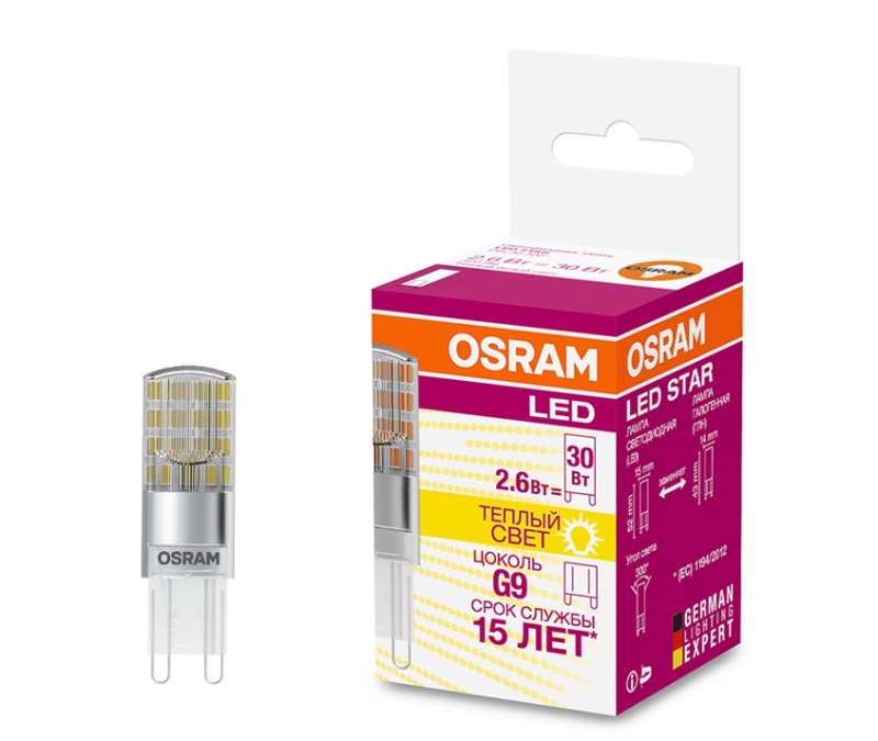Лампа светодиодная Osram Star PIN 30 2,6W G9 CL теплый белый