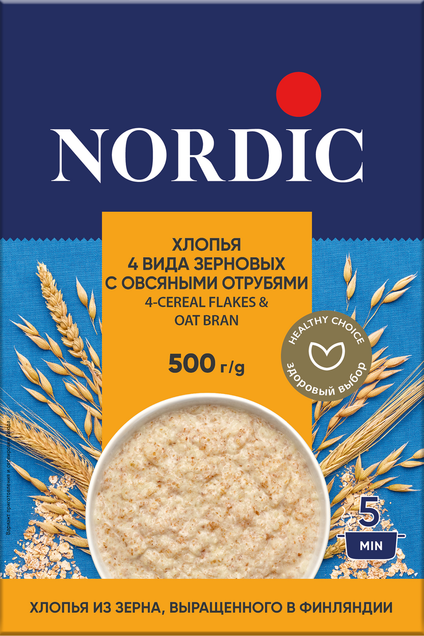 Хлопья Nordic 4 вида зерновых-овсяные отруби, 500г