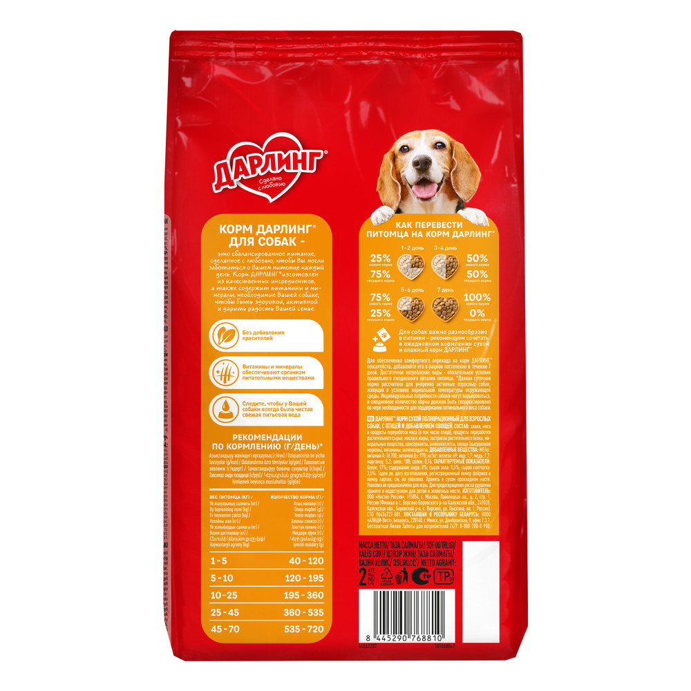 Корм сухой Дарлинг для собак птица-овощи, 2кг