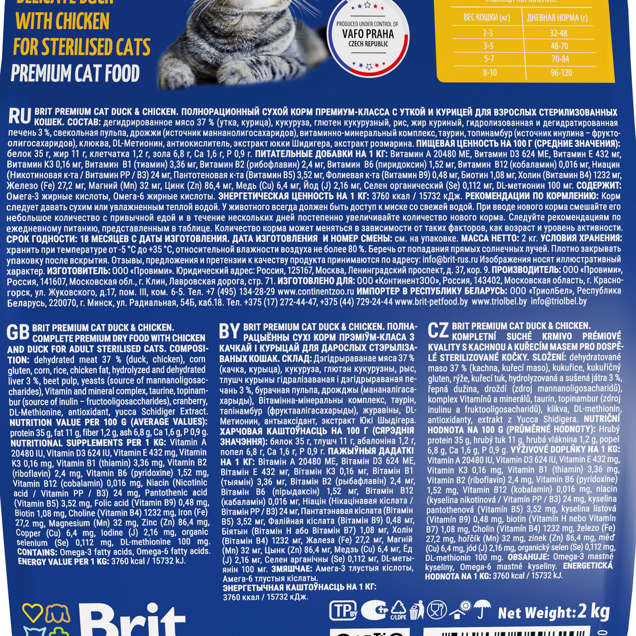 Корм Brit для стерилизованных взрослых кошек утка-курица, 2кг