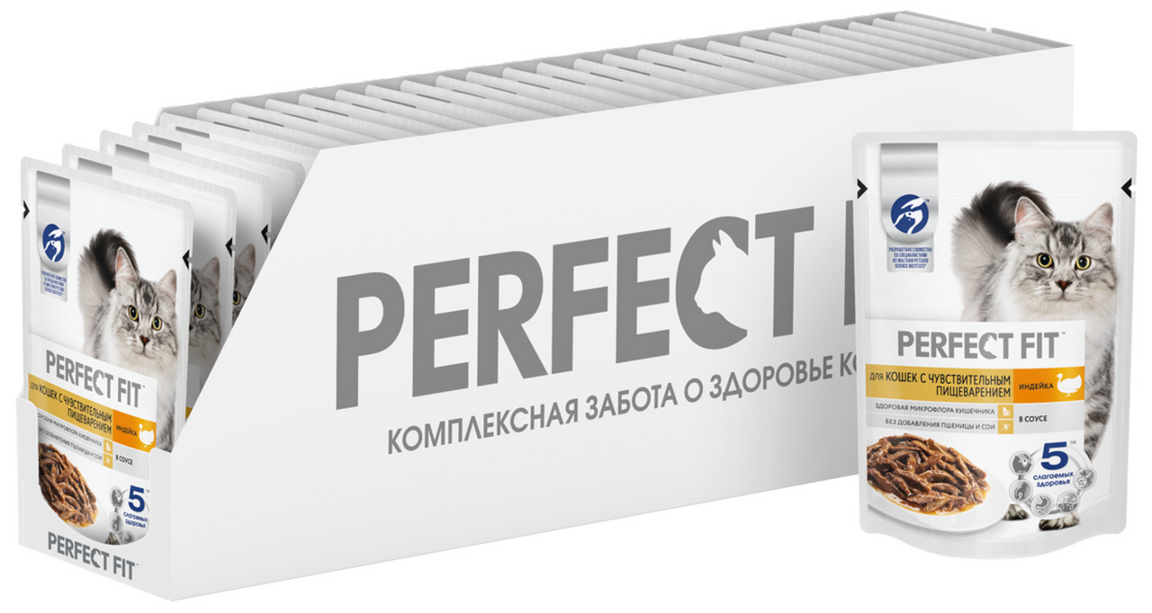 Корм влажный Perfect Fit для кошек с чувствительным пищеварением индейка, 75г