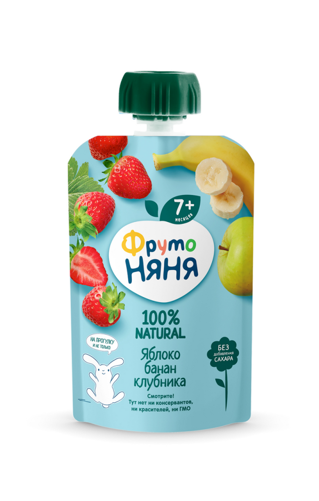 Пюре ФрутоНяня с яблоком бананом и клубникой без сахара с 7 месяцев 90 г