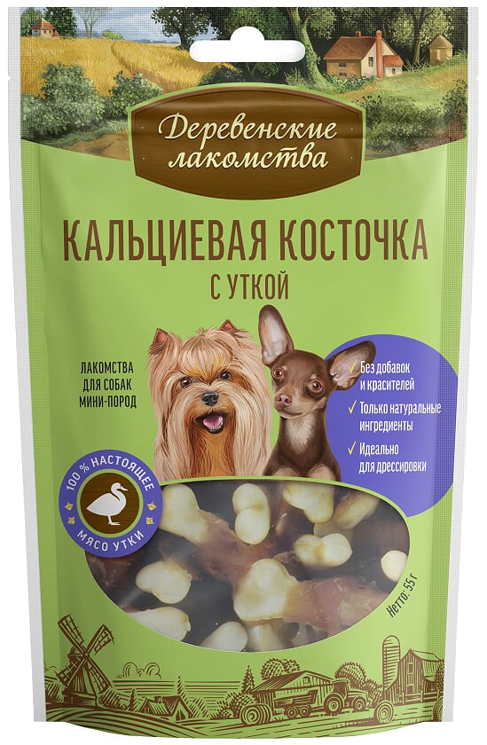 Лакомства Деревенские Кальциевая косточка с уткой для мини-пород 55 г