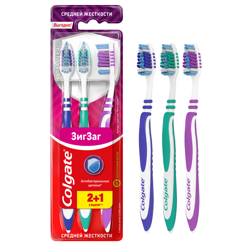Зубная щетка Colgate ЗигЗаг средней жесткости 3 штуки